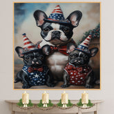 Mother French Bulldog with Three Puppies Wearing Patriotic Hats and Star Spangled Outfits for Independence Day on Ready to Hang 1.5" Thick Canvas Wrap, Floating Framed Canvas, Flat Rolled Canvas